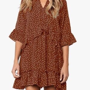 women's V-neck ruffle polka dot loose swing casual short T-shirt dress